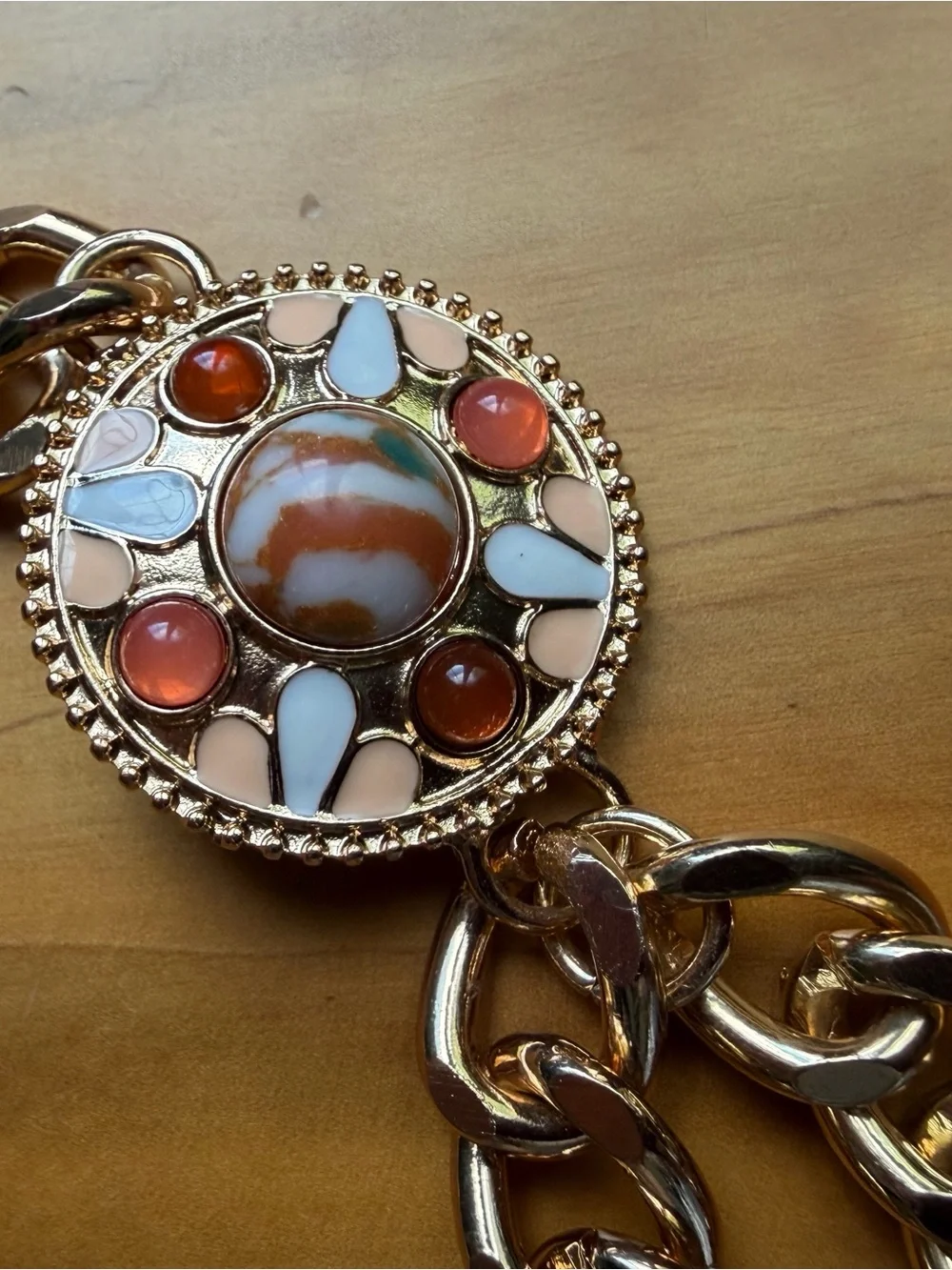 Haute Hippie Gold Chain Belt with Coral and Turquoise Medallion
